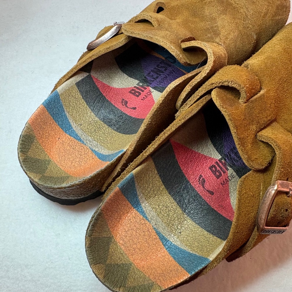 Birkenstock Boston Suede Clogs Brown Tobacco Multi Color Pattern Footbed Womens - Picture 4 of 6
